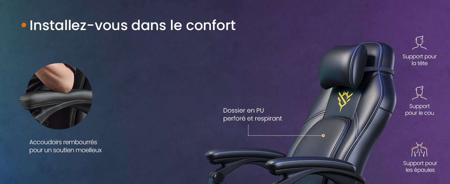 Home Fauteuil Gaming, Chaise De Bureau Ergonomique Avec Repose-Pieds, Chaise Gamer Avec Appui-Tête, Pu, Hauteur Réglable, Noir — Modern Luxury