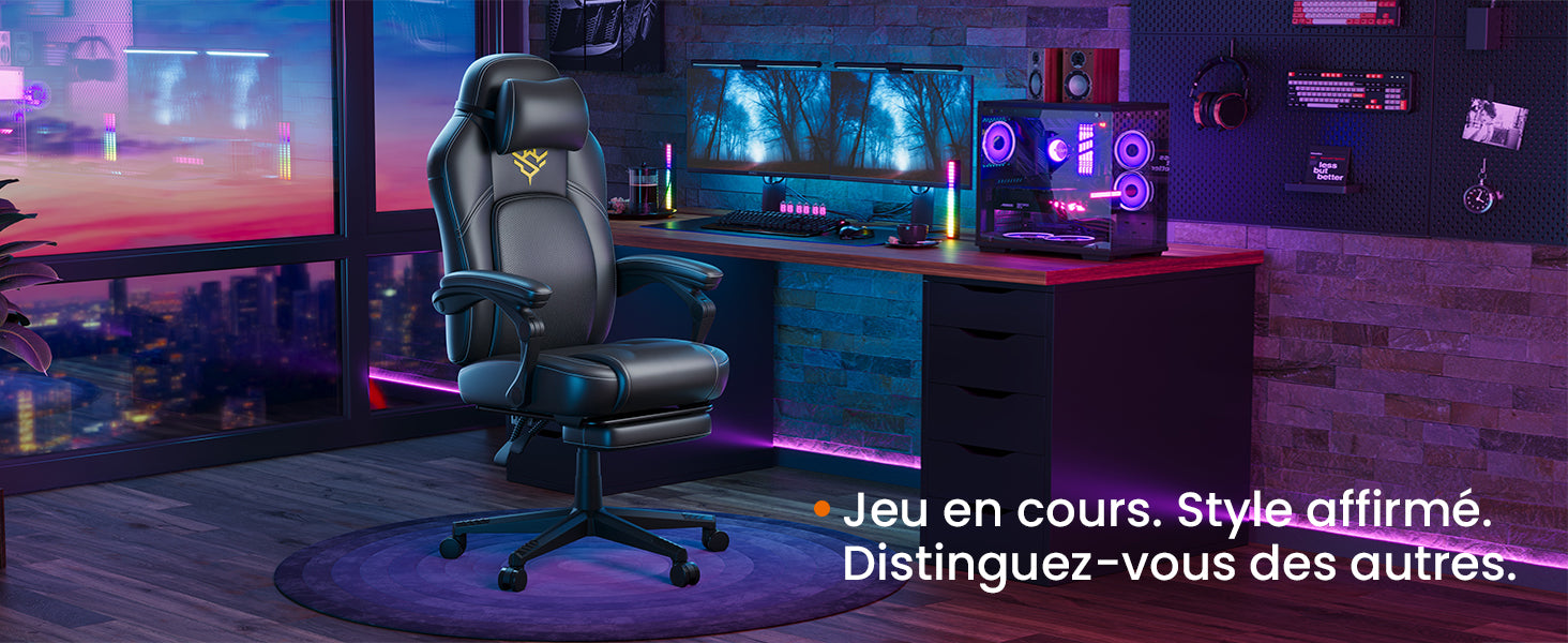 Home Fauteuil Gaming, Chaise De Bureau Ergonomique Avec Repose-Pieds, Chaise Gamer Avec Appui-Tête, Pu, Hauteur Réglable, Noir — Modern Luxury