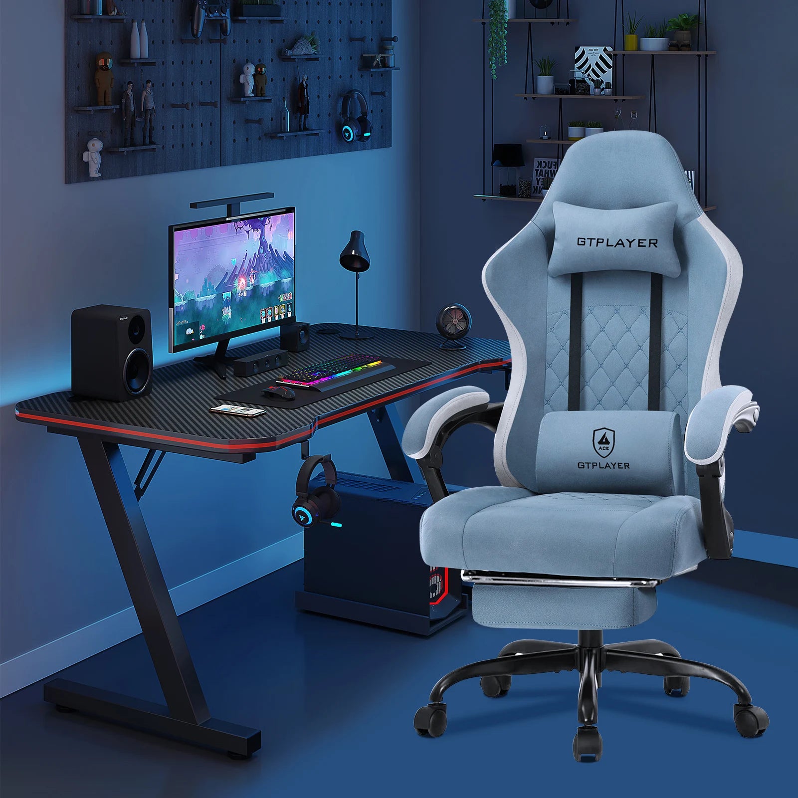 Gtplayer Fabric Gaming Chair With Footrest, Computer Desk Chair With Pocket Spring Cushion, Home Office Ergonomic Chair — Modern Luxury