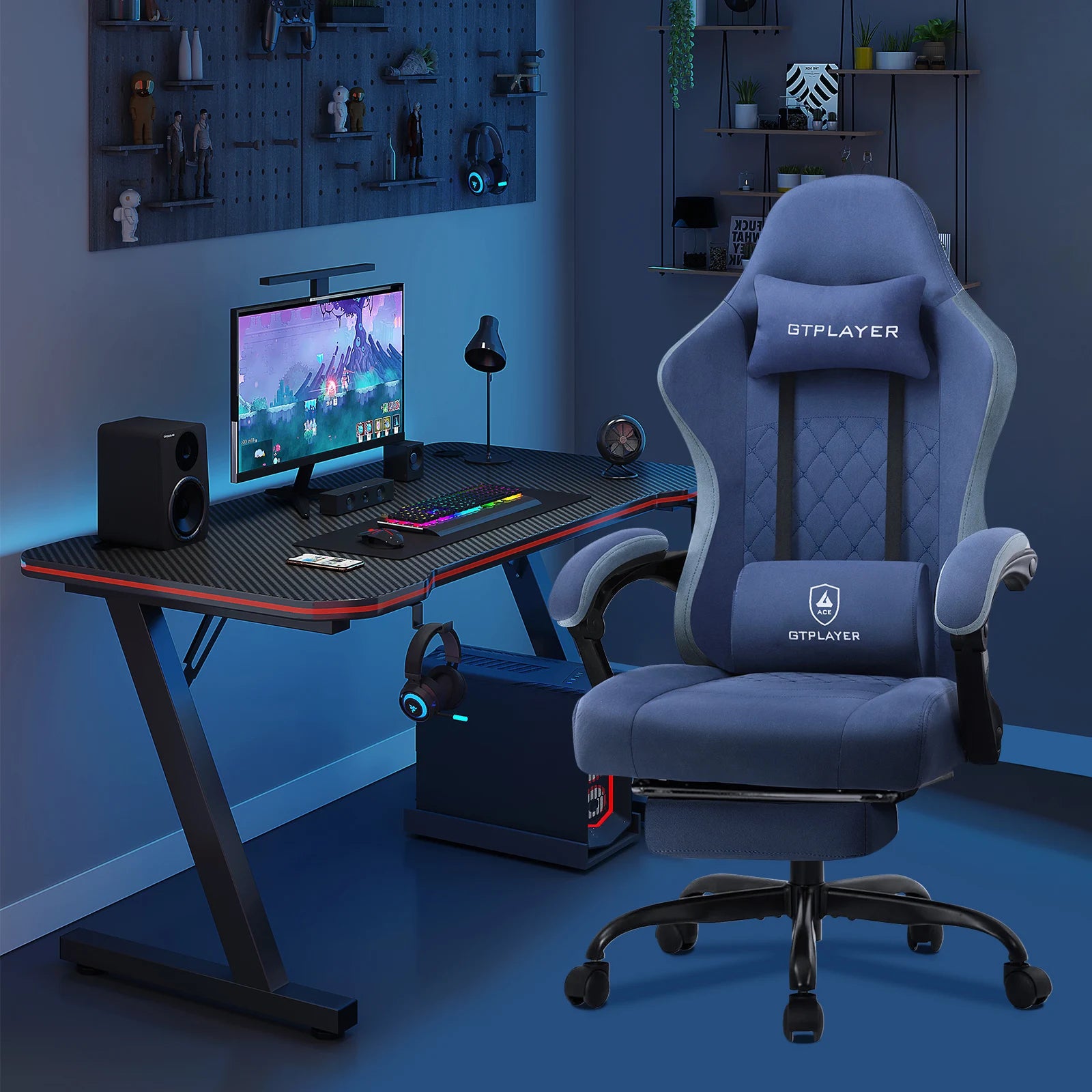 Gtplayer Fabric Gaming Chair With Footrest, Computer Desk Chair With Pocket Spring Cushion, Home Office Ergonomic Chair — Modern Luxury