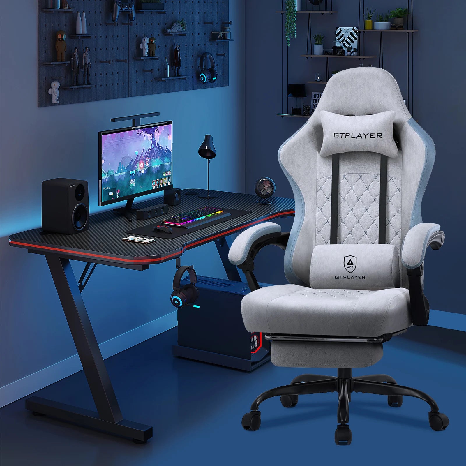 Gtplayer Fabric Gaming Chair With Footrest, Computer Desk Chair With Pocket Spring Cushion, Home Office Ergonomic Chair — Modern Luxury