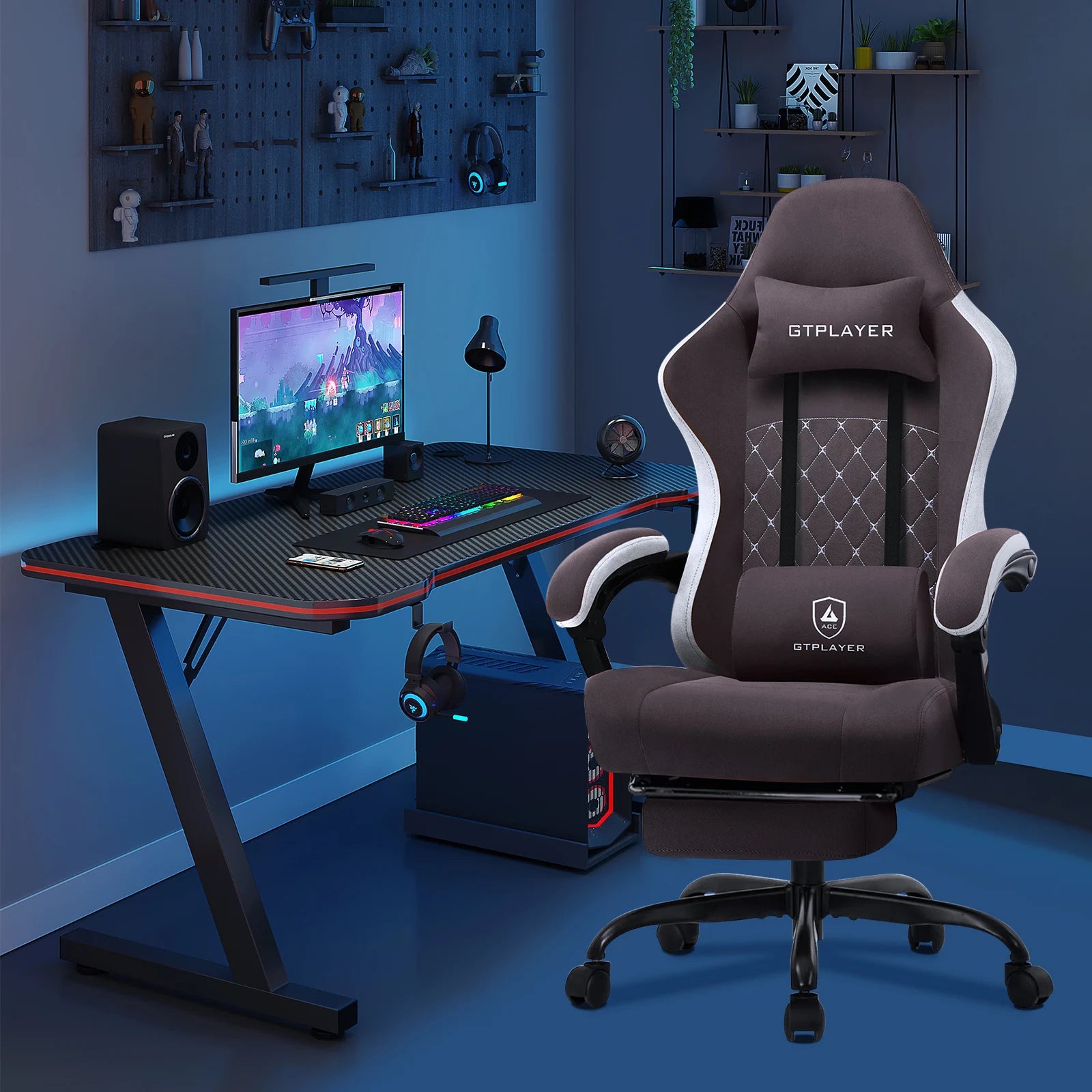 Gtplayer Fabric Gaming Chair With Footrest, Computer Desk Chair With Pocket Spring Cushion, Home Office Ergonomic Chair — Modern Luxury