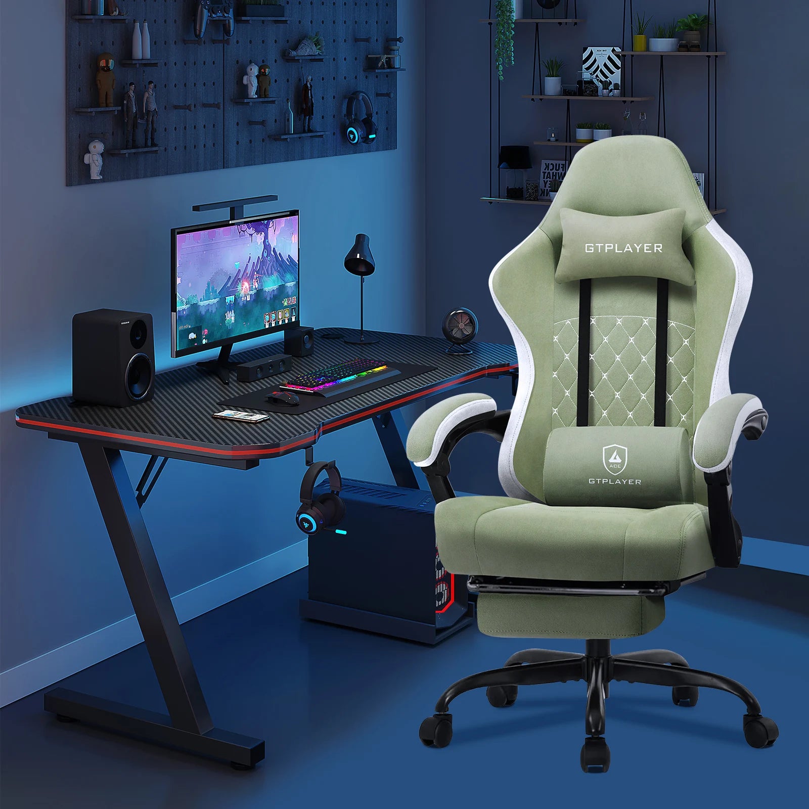 Gtplayer Fabric Gaming Chair With Footrest, Computer Desk Chair With Pocket Spring Cushion, Home Office Ergonomic Chair — Modern Luxury