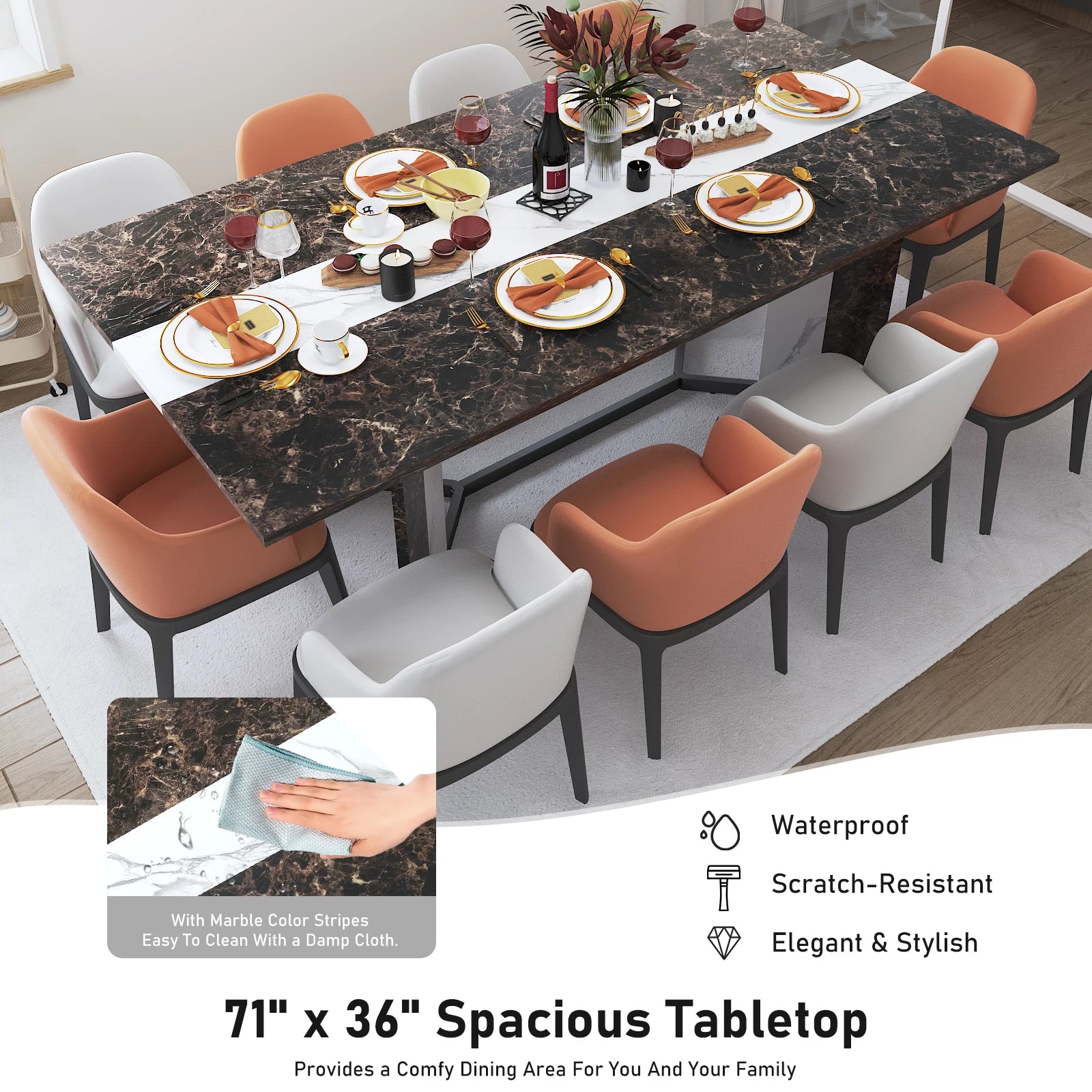 71" Signature Marble-Finish Dining Table – Modern Elegance For 4 To 10 Guests — Modern Luxury