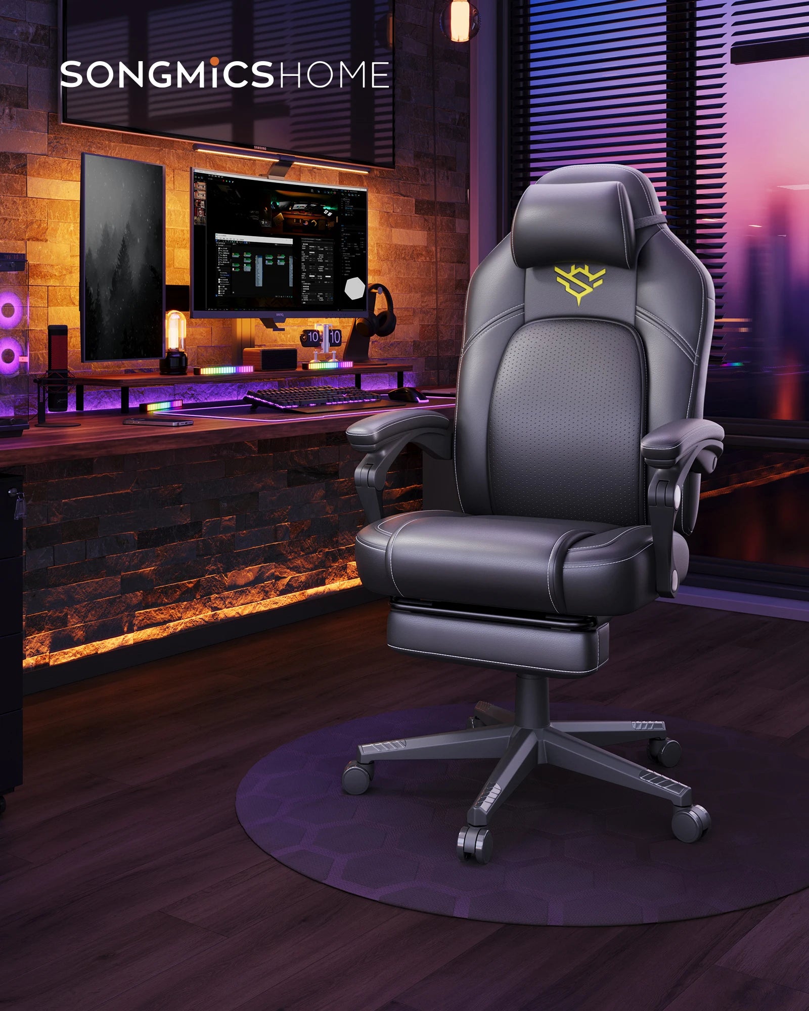 Home Fauteuil Gaming, Chaise De Bureau Ergonomique Avec Repose-Pieds, Chaise Gamer Avec Appui-Tête, Pu, Hauteur Réglable, Noir — Modern Luxury