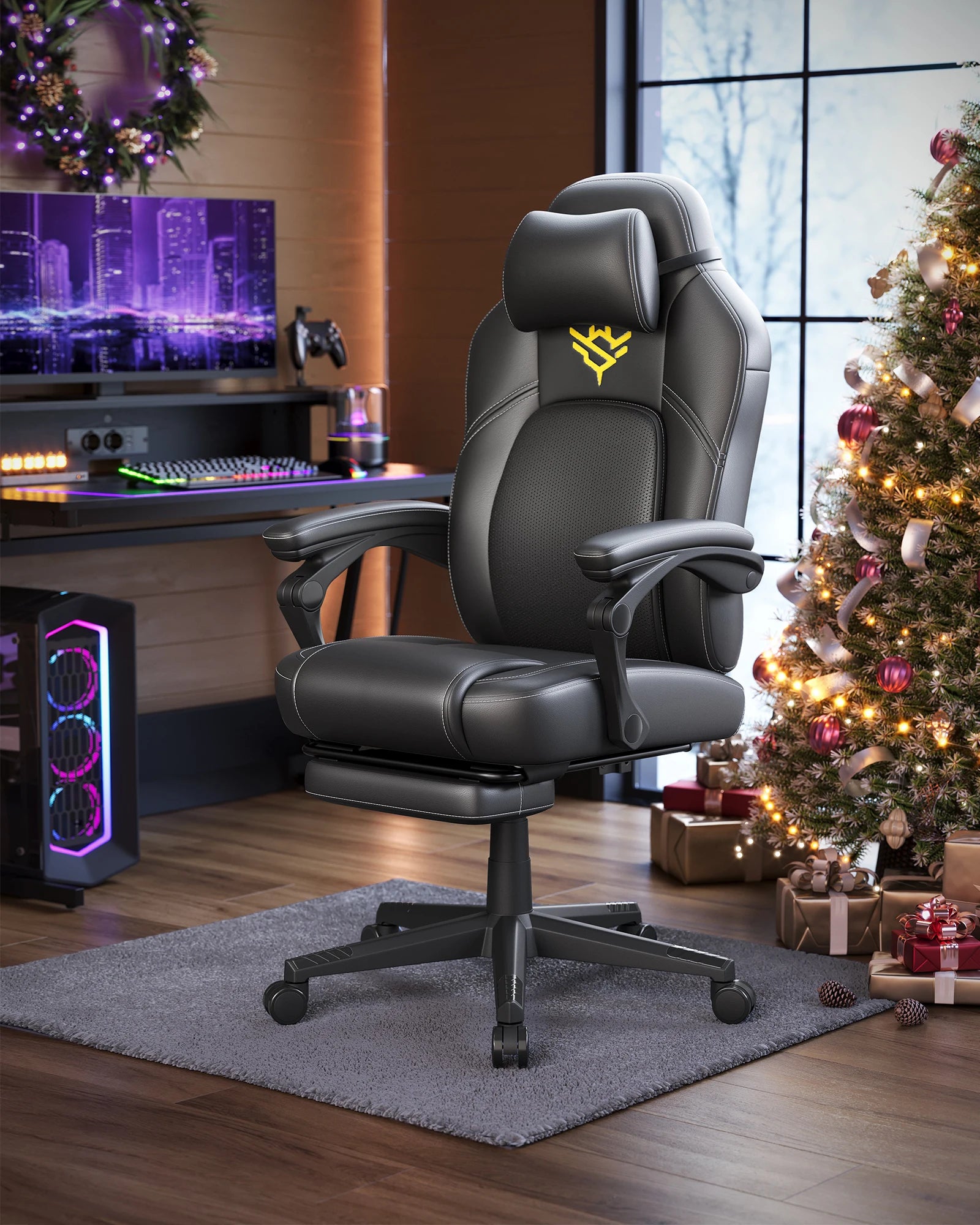 Home Fauteuil Gaming, Chaise De Bureau Ergonomique Avec Repose-Pieds, Chaise Gamer Avec Appui-Tête, Pu, Hauteur Réglable, Noir — Modern Luxury