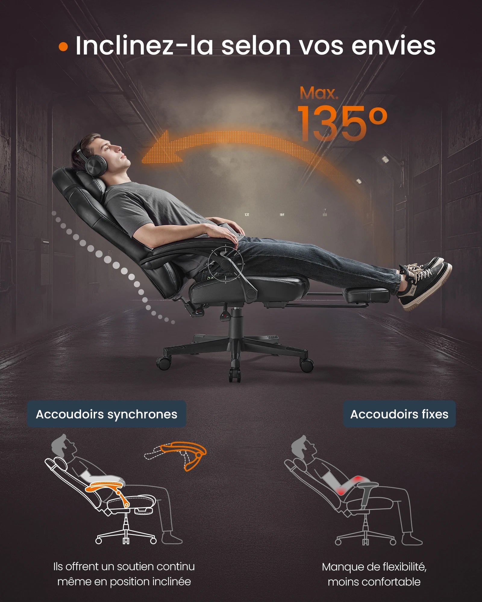Home Fauteuil Gaming, Chaise De Bureau Ergonomique Avec Repose-Pieds, Chaise Gamer Avec Appui-Tête, Pu, Hauteur Réglable, Noir — Modern Luxury