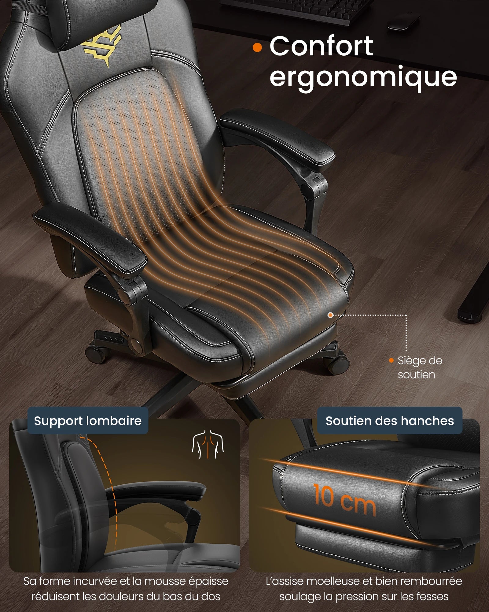 Home Fauteuil Gaming, Chaise De Bureau Ergonomique Avec Repose-Pieds, Chaise Gamer Avec Appui-Tête, Pu, Hauteur Réglable, Noir — Modern Luxury