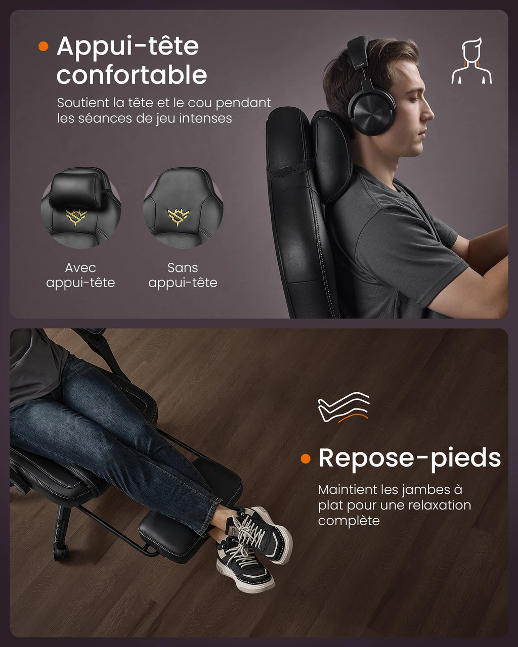 Home Fauteuil Gaming, Chaise De Bureau Ergonomique Avec Repose-Pieds, Chaise Gamer Avec Appui-Tête, Pu, Hauteur Réglable, Noir — Modern Luxury