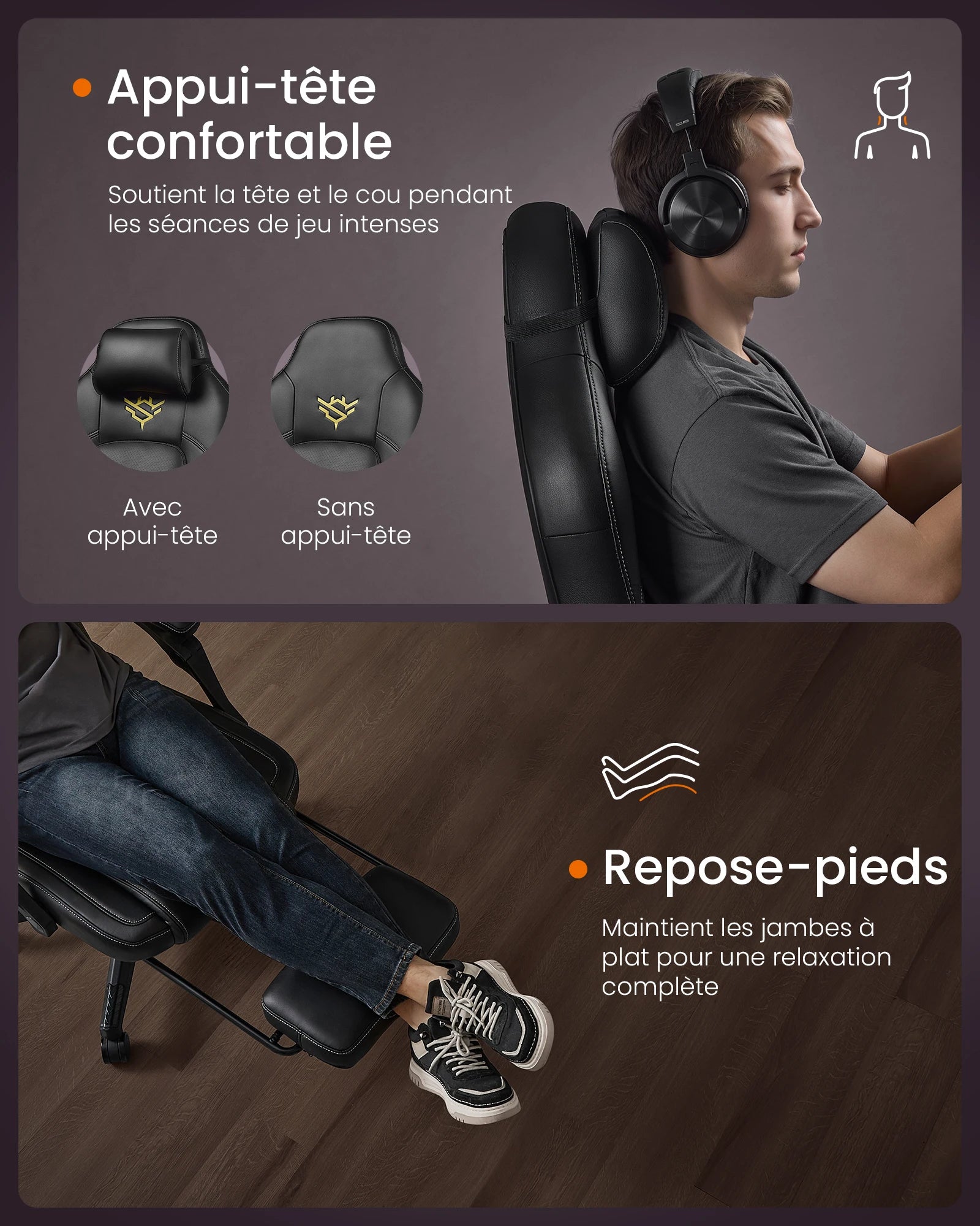 Home Fauteuil Gaming, Chaise De Bureau Ergonomique Avec Repose-Pieds, Chaise Gamer Avec Appui-Tête, Pu, Hauteur Réglable, Noir — Modern Luxury